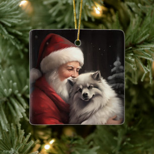 Ornamento De Cerâmica Keeshond com Papai Noel Natal Festivo