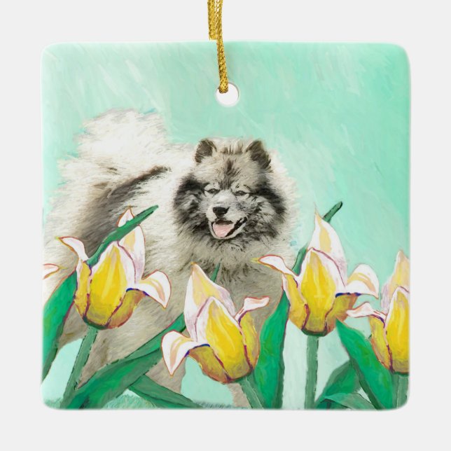 Ornamento De Cerâmica Keeshond em Tulips pintando lindas artes caninas o (Frente)