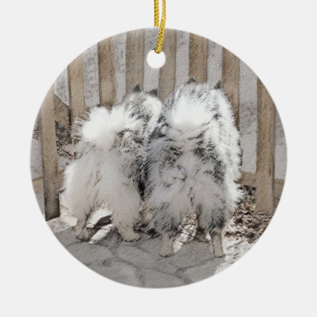 Ornamento De Cerâmica Keeshonds na Pintura de Portão - Arte de Cachorro  (Frente)