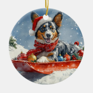 Ornamento De Cerâmica Kelpie australiano em Sledge Deixe-o nevar Natal