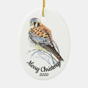 Ornamento De Cerâmica Kestrel de Aquarela de Natal Datado Personalizado,