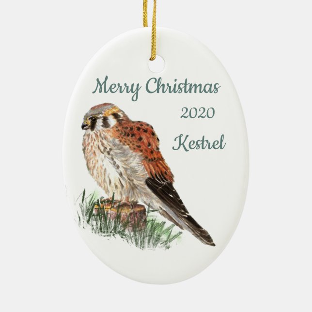 Ornamento De Cerâmica Kestrel de Aquarela de Natal Datado Personalizado, (Verso)