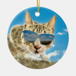 Ornamento De Cerâmica Kewl Kat que veste Sunglassses