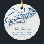 Ornamento De Cerâmica Kiawah Island Map Weding Photo Christmas<br><div class="desc">Comemore seu casamento na Ilha de Kiawah com um Enfeites de natal personalizado com um elegante marinho azul litoral da Carolina do Sul design na frente e sua foto de casamento na parte de trás. Perfeito para casais casados em lugares como The Ocean Course, The Sanctuary Hotel, e Mingo Point,...</div>