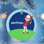 Ornamento De Cerâmica Kid de Baseball Personalizado<br><div class="desc">Legal ornamento personalizado de jogador de beisebol para uma criança que joga na Little League ou T Ball. Este lindo presente de Natal mostra uma criança vestindo um uniforme vermelho de baseball e segurando um morcego contra um fundo azul em um campo verde. Personalize adicionando um nome em branco no...</div>