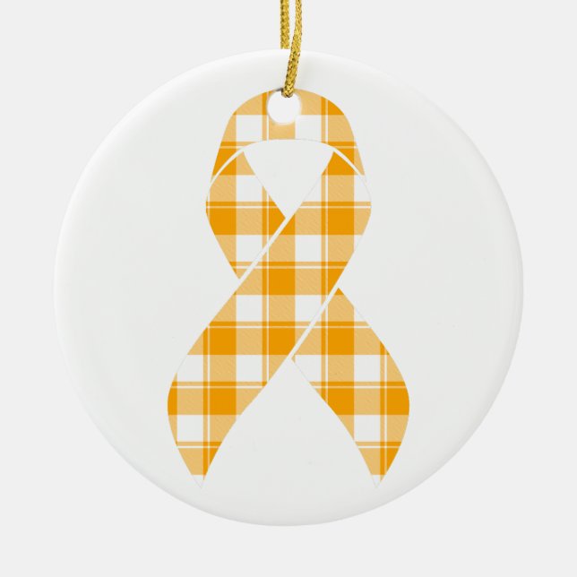 Ornamento De Cerâmica Kidney Cancer Awareness Plaid Orange Ribbon (Frente)