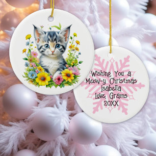 Ornamento De Cerâmica Kit de aquarela Gatinho Flores Natal Personalizado