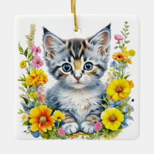 Ornamento De Cerâmica Kit de Aquarela Personalizado Gatinho Flores Natal