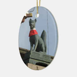 Ornamento De Cerâmica Kitsune キ ツ ネ (Fox) com Joia na Boca