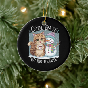 Ornamento De Cerâmica Kitten Cat e Snowman Amigos Compartilham Café Wint
