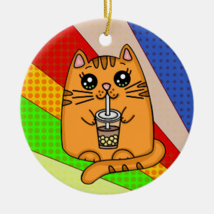 Ornamento De Cerâmica Kitty Cat bebendo Boba Tea