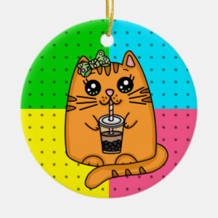 Ornamento De Cerâmica Kitty Cat Bebendo Boba Tea