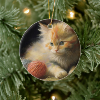 Ornamento De Cerâmica Knit Acontece Laranja Kitten Brincando Com Yarn