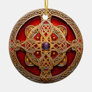 Ornamento De Cerâmica Knotwork Dourado Vermelho Celta
