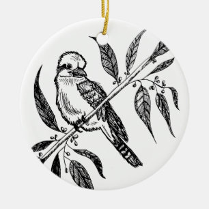 Ornamento De Cerâmica Kookaburra Preto e Branco no Desenho de Ramificaçã