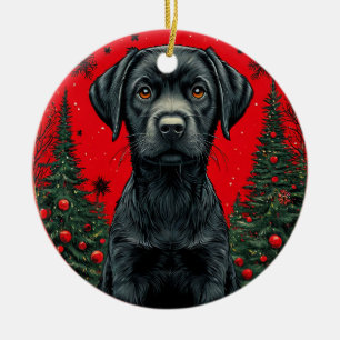 Ornamento De Cerâmica Labrador Preto de Natal com Árvores Festivas
