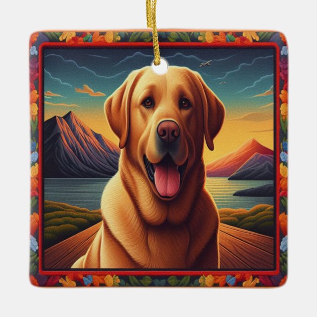 Ornamento De Cerâmica Labrador Retriever Dog Paisagem floral (Frente)