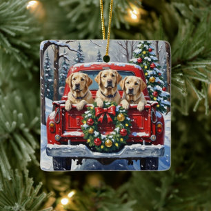 Ornamento De Cerâmica Labrador Retriever Natal Caminhão Vermelho Férias