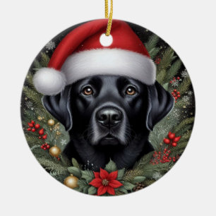 Ornamento De Cerâmica Labrador Retriever Preto Festivo Vestindo Chapéu d