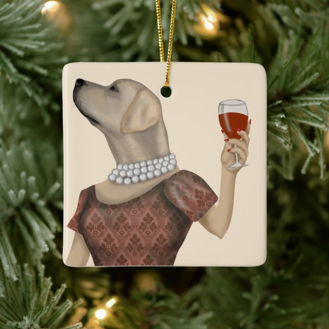 Ornamento De Cerâmica Labrador Wine Snob Amarelo (Árvore)