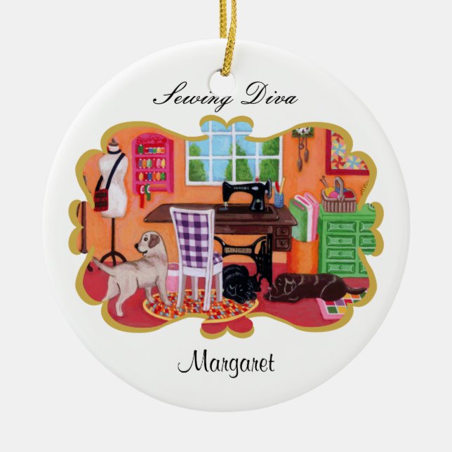 Ornamento De Cerâmica Labradors personalizado na sala Sewing da mãe (Frente)