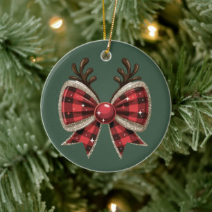 Ornamento De Cerâmica Laço de Natal Coquette Brilho Feminino Xadrez Verm