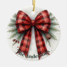 Ornamento De Cerâmica Laço de Natal em Aquarela Vermelha