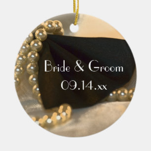 Ornamento De Cerâmica Laço preto e pérolas brancas que Wedding