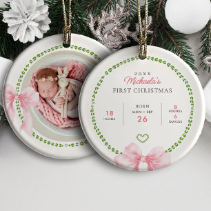 Ornamento De Cerâmica Laços Rosa Chique Primeiro Natal do Bebê Foto