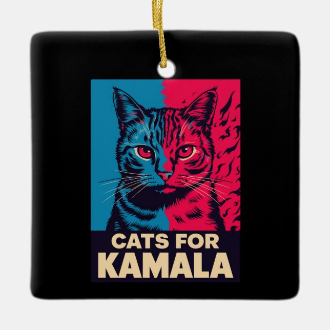 Ornamento De Cerâmica Lady Gato Sem Fios Está Votando Kamala Harris 2024 (Frente)
