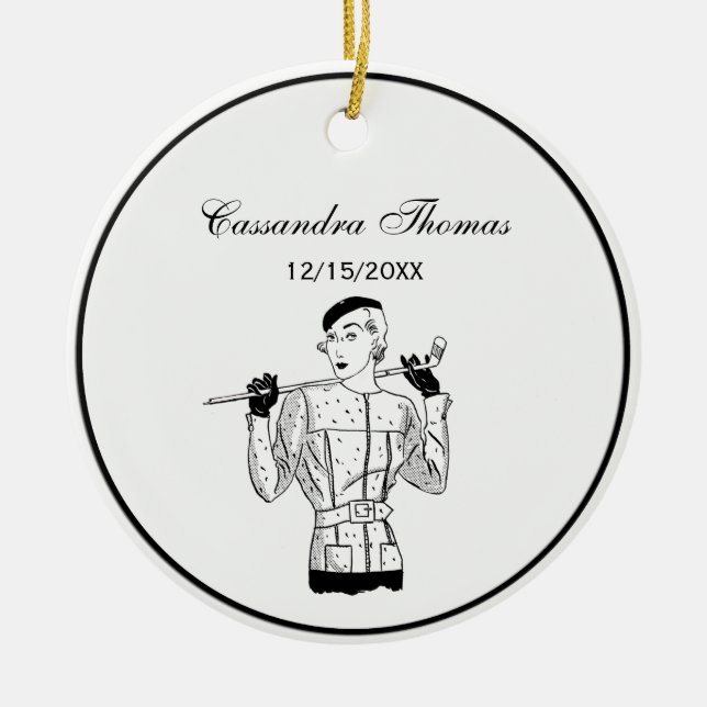 Ornamento De Cerâmica Lady Golfer fascinável de 1930 com Golfe (Frente)