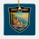 Ornamento De Cerâmica Lago di Garda Italia Viagem Art Vintage<br><div class="desc">Design de arte vetorial do Lago Garda. O lago Garda,  na Itália norte,  é conhecido pela sua água cristalina. No extremo sul,  a cidade de Sirmione é dominada pela Rocca Scaligera,  uma fortaleza com visões portuárias.</div>