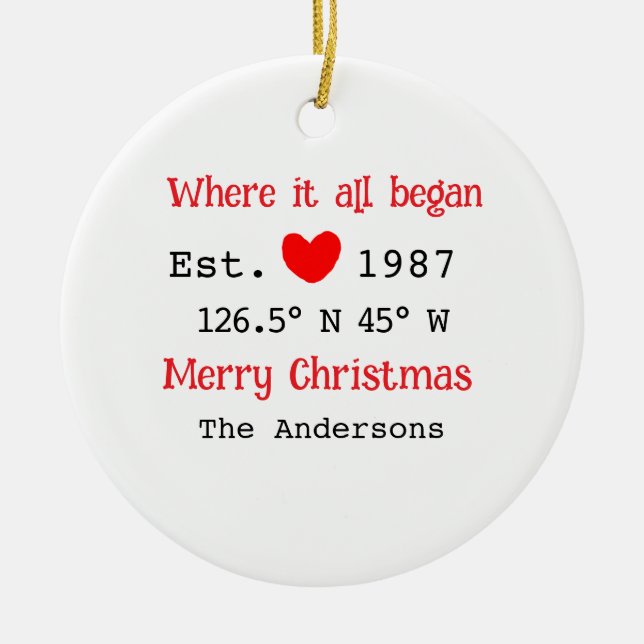 Ornamento De Cerâmica Lago House ets. Coordenadas personalizadas do ano  (Frente)