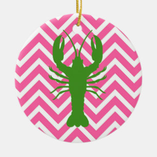 Ornamento De Cerâmica Lagosta Verde e Monograma de Chevron Rosa