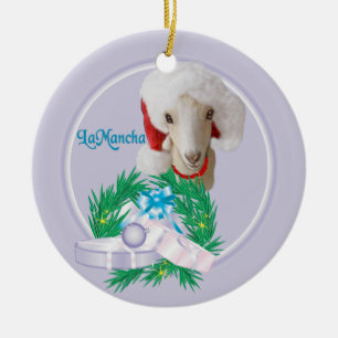 Ornamento De Cerâmica LaMancha Goat em Santa Hat Wreath Ornamen