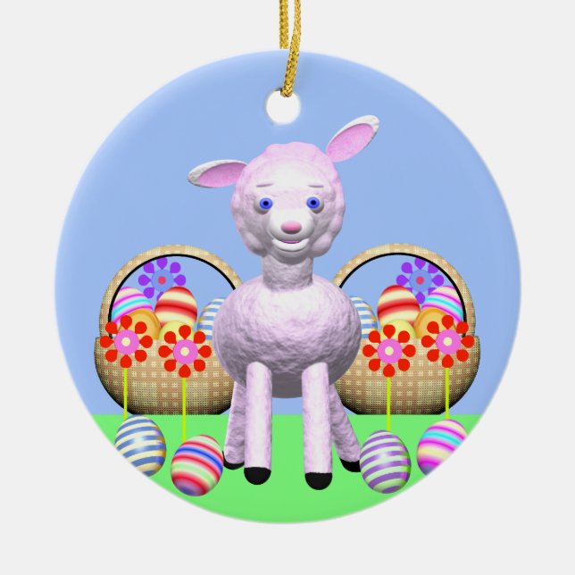 Ornamento De Cerâmica Lamas de Páscoa, flores e cestos (Frente)