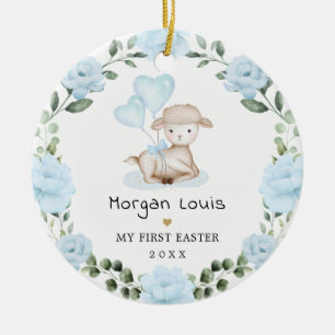 Ornamento De Cerâmica Lamb Azul Floral Floral Febre Páscoa