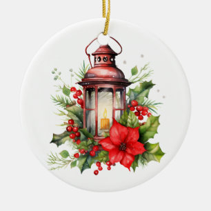 Ornamento De Cerâmica Lanterna de Natal Vermelho Poinsettia e Pinheiro