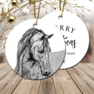 Ornamento De Cerâmica Lápis gráfico de arte em cavalos desenhando preto