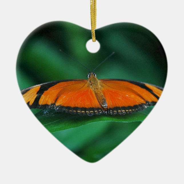 Ornamento De Cerâmica Laranja Brilhante e Borboleta Negra em Folha (Frente)