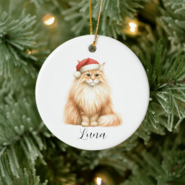 Ornamento De Cerâmica Laranja de Aquarela Gato em Santa Hat