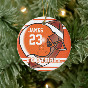 Ornamento De Cerâmica 🏈 Laranja e White Futebol   Nome e número do D