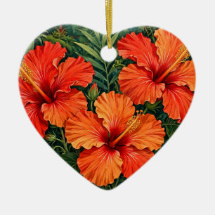 Ornamento De Cerâmica Laranjas Luxuriantes Hibisco Flores Tropicais da S