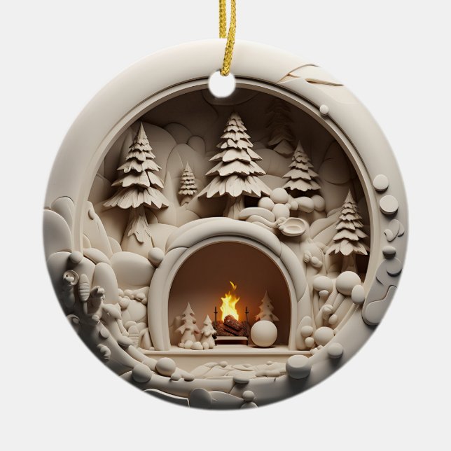 Ornamento De Cerâmica Lareira de Natal Cozy Cabin (Frente)
