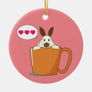 Ornamento De Cerâmica Latte Bunny diz "Oi" Ornaço de Natal
