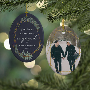 Ornamento De Cerâmica Laurel Leaf First Engaged Christmas Photo