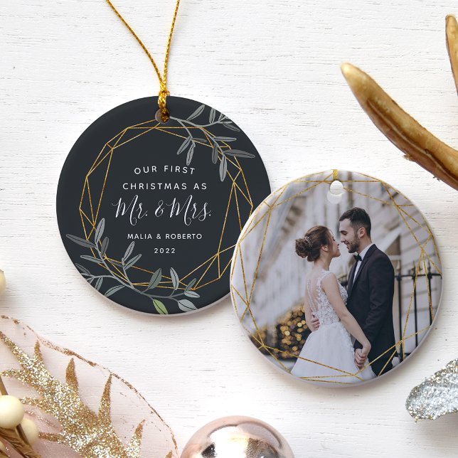Ornamento De Cerâmica Laurel Leaf Primeiro Casado Natal (Criador carregado)