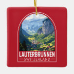 Ornamento De Cerâmica Lauterbrunnen Suiça Art Vintage<br><div class="desc">Lauterbrunnen retro vetor viagem design. Colocado num vale com penhascos rochosos e as rugas cataratas de Staubbach.</div>