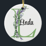 Ornamento De Cerâmica Lavanda Eucalyptus<br><div class="desc">Uma design romântica e elegante com letra alfabética monográfica moldada por eucalipto e lavanda e libélula pintados em aquarelas. Para começar a alterar o nome, clique em "Personalizar este modelo" e edite o texto nas caixas modelo. Para acessar as ferramentas de edição mais avançadas, role para baixo até "Clique para...</div>