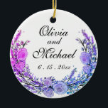 Ornamento De Cerâmica Lavanda, Eucalyptus, rosas roxas de teal rosa<br><div class="desc">Um design elegante e vintage com lavanda de aquarela e eucalipto, com rosas bonito cor-de-rosa, púrpura e lacre- o texto é personalizável! Presente perfeito para aquele novo casal casado! Para começar a alterar o nome, clique em "Personalizar este modelo" e edite o texto nas caixas modelo. Para acessar as ferramentas...</div>